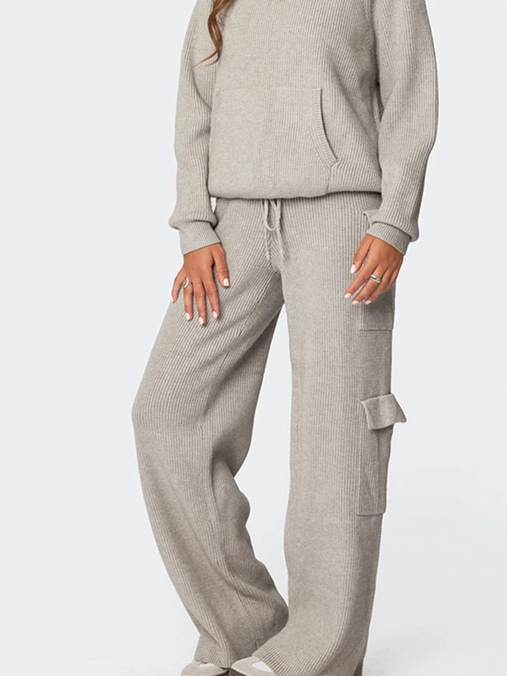 EDIKTED Wynter Oversized Knit Hoodie & Wynter Knit Cargo Pants set, Grey small